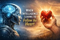 Futuristic illustration of artificial intelligence facing a human hand holding a glowing red heart, symbolizing intelligence learning to follow human values and emotional wisdom.