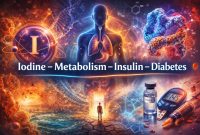Illustration showing iodine’s role in human metabolism, insulin regulation, and diabetes, with visual elements of the thyroid, molecular structures, and blood glucose testing.