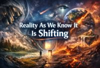 Surreal digital artwork depicting a fractured world with space, fire, water, floating landmasses, and a lone figure facing a glowing doorway, overlaid with the text “Reality As We Know It Is Shifting.”