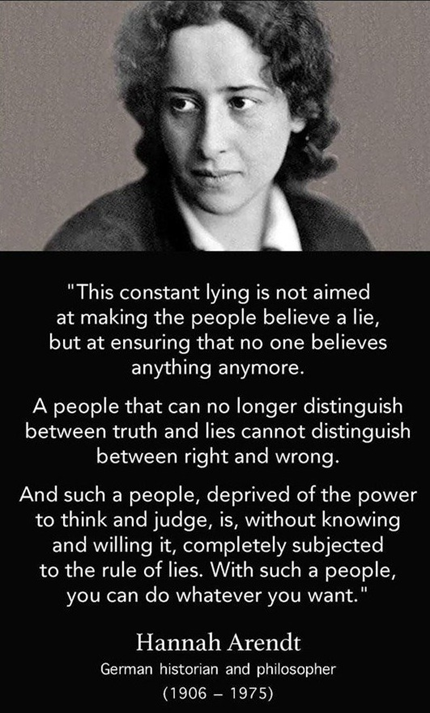 Black-and-white portrait of a woman above a long quote about truth, lies, and loss of judgment in society, with attribution text visible below.