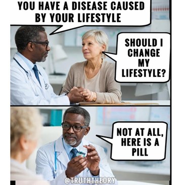 Two-panel meme showing a doctor speaking with an older woman; speech bubbles discuss lifestyle-related disease and being given a pill instead of changing habits.