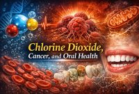 Illustration showing cancer cells, mitochondria, red blood cells, and a smiling mouth with teeth, with the title “Chlorine Dioxide, Cancer, and Oral Health” over a dramatic medical-themed background.