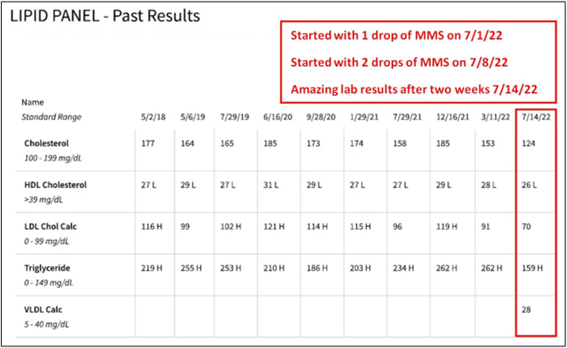 Lipid panel results chart showing cholesterol, HDL, LDL, triglycerides, and VLDL levels over time, with a highlighted section noting improved lab results after starting MMS drops in July 2022.