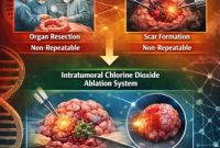 Medical infographic comparing surgery, ablation, and an intratumoral treatment concept, with diagrams of tumors and explanatory labels about repeatability and tissue effects.