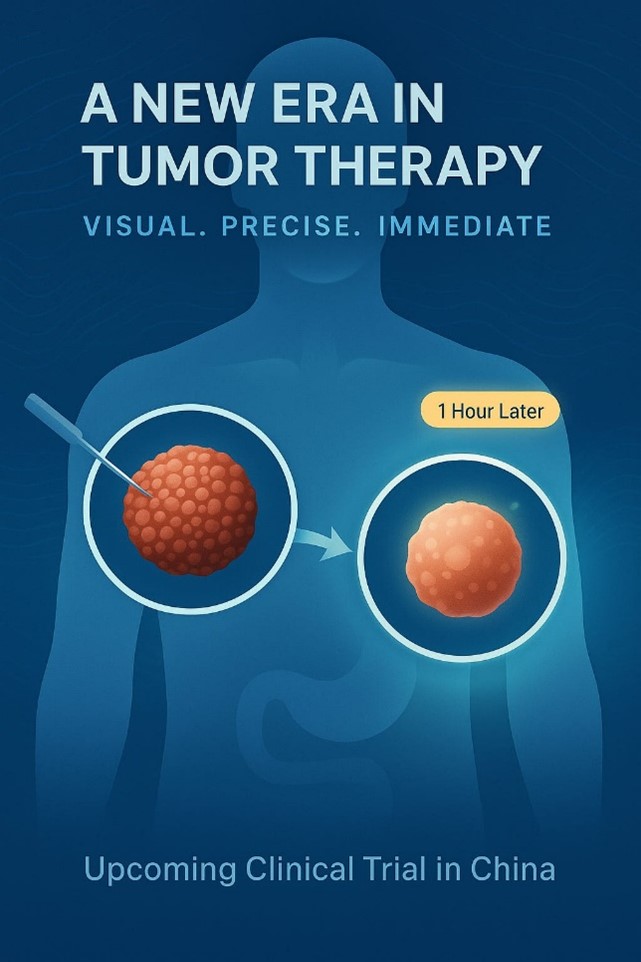 Medical-style illustration of a human torso showing a tumor before and after a localized treatment, labeled “1 Hour Later,” with text about a new era in tumor therapy.