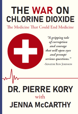 Book cover titled “The War on Chlorine Dioxide,” featuring a medical cross symbol, an ECG line graphic, and author names printed below.