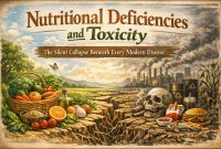 Illustration titled “Nutritional Deficiencies and Toxicity,” contrasting healthy foods with pollution and junk food imagery.