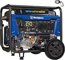 Larger blue and black portable generator with wheels and control panel.