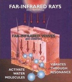 Diagram illustrating far-infrared rays penetrating tissue and activating water molecules.