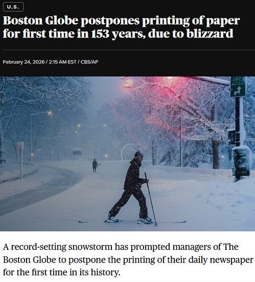 News headline about the Boston Globe postponing print publication due to a historic blizzard, with a snowy city street image.