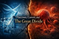 Stylized split image showing vaccine vials and a syringe on one side and a cancer cell illustration on the other, separated by a cracked line, with the text “Vaccines, Cancer, and The Great Divide.”