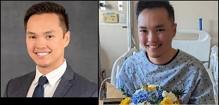 Side-by-side images of a young man, one in formal attire and one in a hospital setting wearing a gown and holding flowers.