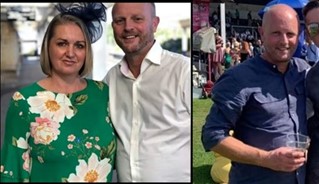 Side-by-side photos showing a couple dressed formally at an outdoor event and a man holding a drink in a crowded setting.