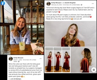 Screenshot of a social media post featuring multiple photos of a young woman, including images of her posing in a red dress and a text post discussing health experiences.