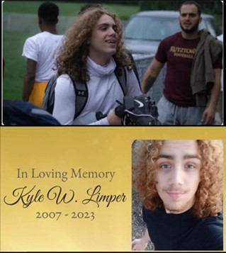 Memorial-style image showing a young person outdoors holding a camera, alongside a gold-toned panel reading “In Loving Memory” with dates.