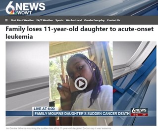 Television news screenshot reporting on the death of a child from acute-onset leukemia, with a photo of a young girl and a play icon overlay.