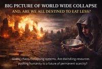 Apocalyptic scene of global collapse with burning city skyline and a hooded person holding an empty bowl, symbolizing food scarcity, poverty, and economic crisis.