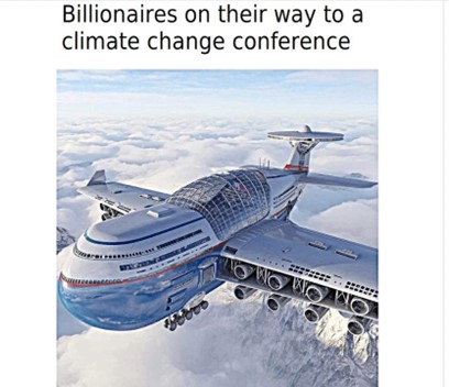 Image of a large private jet above clouds with caption about billionaires traveling to a climate conference.