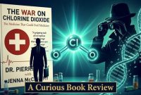 Book cover “The War on Chlorine Dioxide” beside a chlorine molecule illustration and a figure examining it with a magnifier.