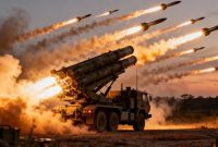Multiple rocket launcher firing missiles at sunset, representing military escalation and modern warfare intensity.