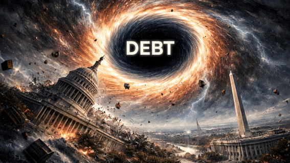 Apocalyptic illustration of massive debt crisis with black hole over Washington D.C., symbolizing economic collapse and financial instability.