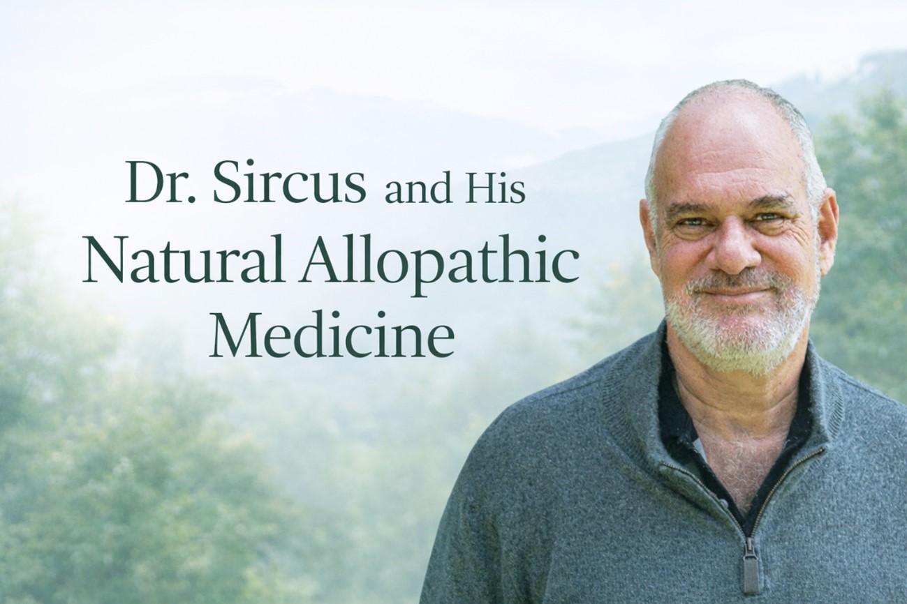 Portrait of Dr. Mark Sircus with text about natural allopathic medicine against a soft natural landscape background