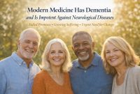 Smiling older adults outdoors under warm sunlight representing aging population and neurological health, with text about modern medicine and dementia crisis.