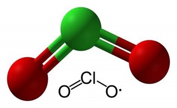 Molecular model of chlorine dioxide showing chemical structure, often discussed in alternative health and metabolic research contexts.