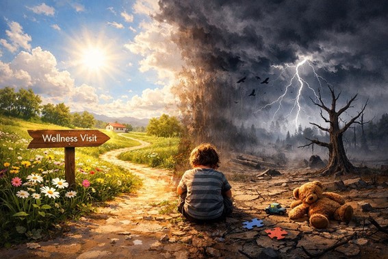 Symbolic image of a child sitting between two contrasting landscapes—one bright and healthy with a “Wellness Visit” sign and the other dark and stormy—representing opposing paths in healthcare and medical choices.