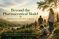 Family walking in a sunlit valley with text “Beyond the Pharmaceutical Model.”