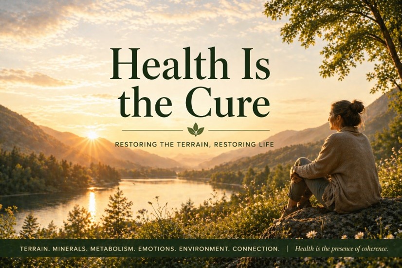 Woman overlooking a river valley at sunset with text “Health Is the Cure.”