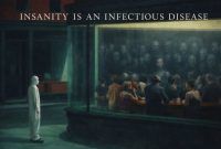Surreal scene of a person in a hazmat suit observing people in a glass enclosure, symbolizing insanity as a contagious societal disease