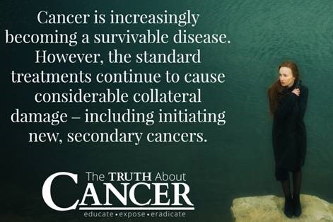 Graphic with text discussing cancer treatments and collateral damage, featuring a person standing alone near water.