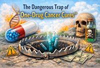 Concept illustration of a dangerous trap representing one-drug cancer cures, with pills, DNA strand, skull, toxic bottle, and warning signs around a bear trap