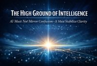 Bright digital horizon with light rays and text about AI stabilizing clarity.