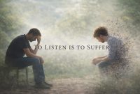 A man sits hunched on a bench holding his head in distress, facing another version of himself dissolving into particles, with the words “To Listen Is To Suffer” symbolizing inner conflict and emotional pain.