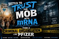 Crowd protesting outside Pfizer headquarters with anti-mRNA messaging.