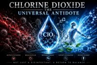 “Chlorine Dioxide: The Universal Antidote” graphic showing a glowing ClO2 molecule, pathogens, molecular structures, and a human figure symbolizing oxygenation and terrain restoration.