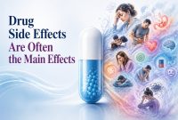 Drug side effects concept with capsule and people experiencing various symptoms like headache, nausea, and emotional distress