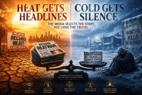 Split image contrasting media coverage of heat versus cold deaths.