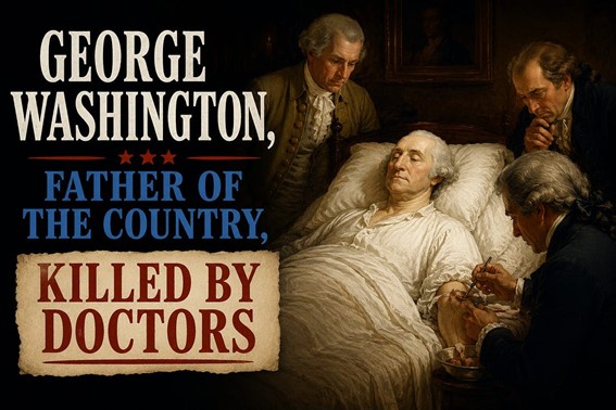 Historical illustration of George Washington surrounded by doctors during his final illness.