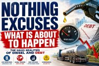 Graphic about diesel shortages, debt crisis, and economic collapse with fuel gauge and tanker truck.