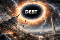 Dramatic illustration of the U.S. Capitol and Washington Monument being pulled into a massive vortex labeled “DEBT,” symbolizing financial collapse and economic crisis.