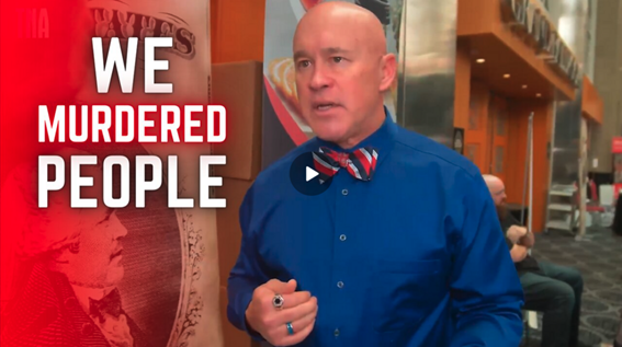 Man speaking in interview with text reading ‘We Murdered People.’