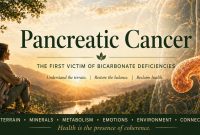 Educational graphic about pancreatic cancer and bicarbonate deficiencies with a natural landscape background.