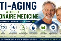 Infographic showing natural anti-aging nutrients and therapies for longevity.