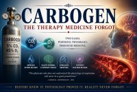 Carbogen therapy infographic showing a CO₂ and oxygen gas mixture and its physiological effects.