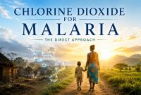 Illustration promoting chlorine dioxide as a direct approach for malaria treatment.