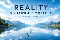 Mountain lake reflecting the sky with the words “Reality No Longer Matters Until Reality Returns.”