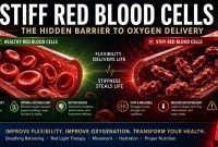Comparison of healthy versus stiff red blood cells and their impact on oxygen delivery.
